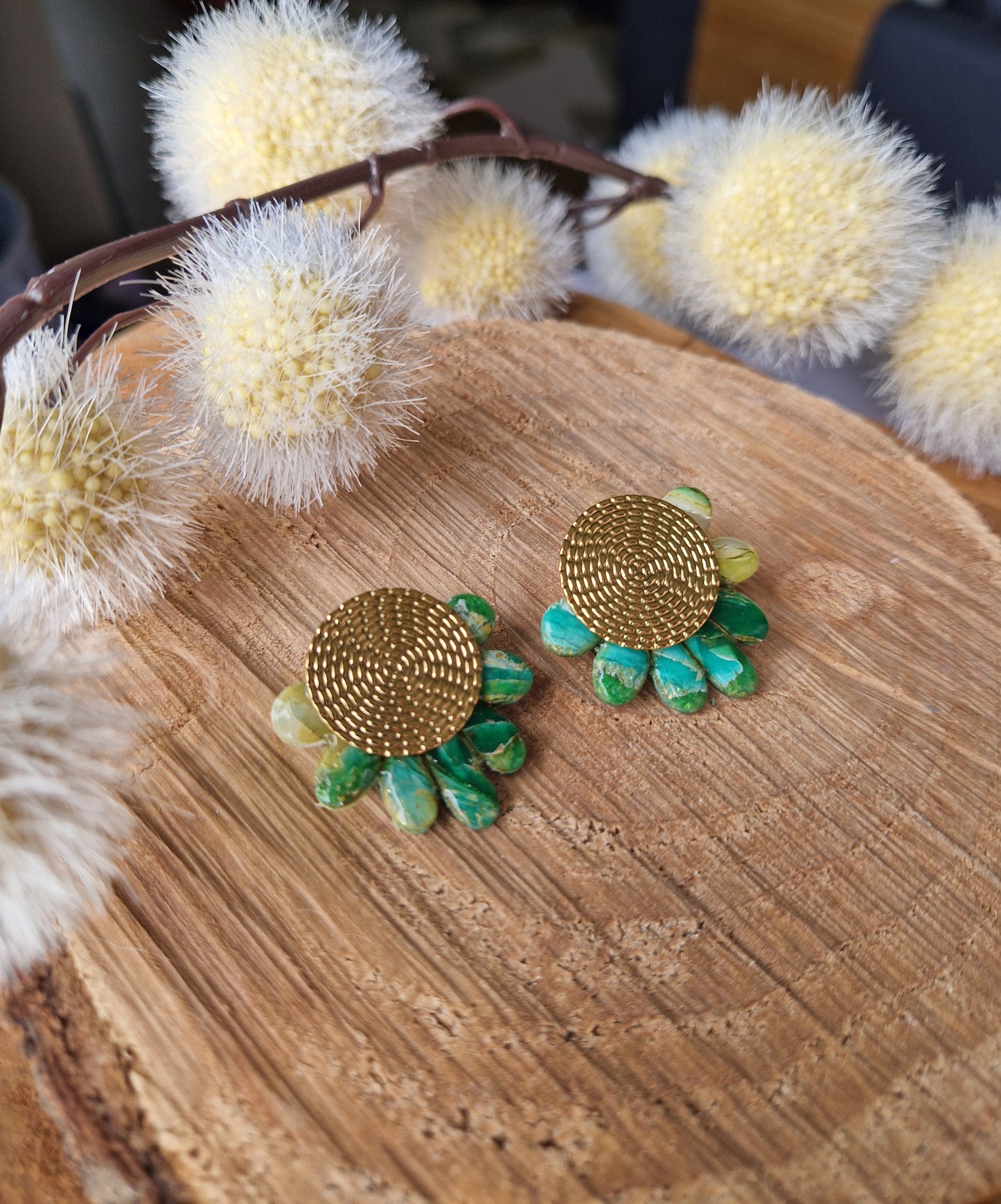 Boucles "Fanny" Pierre d'agate verte.