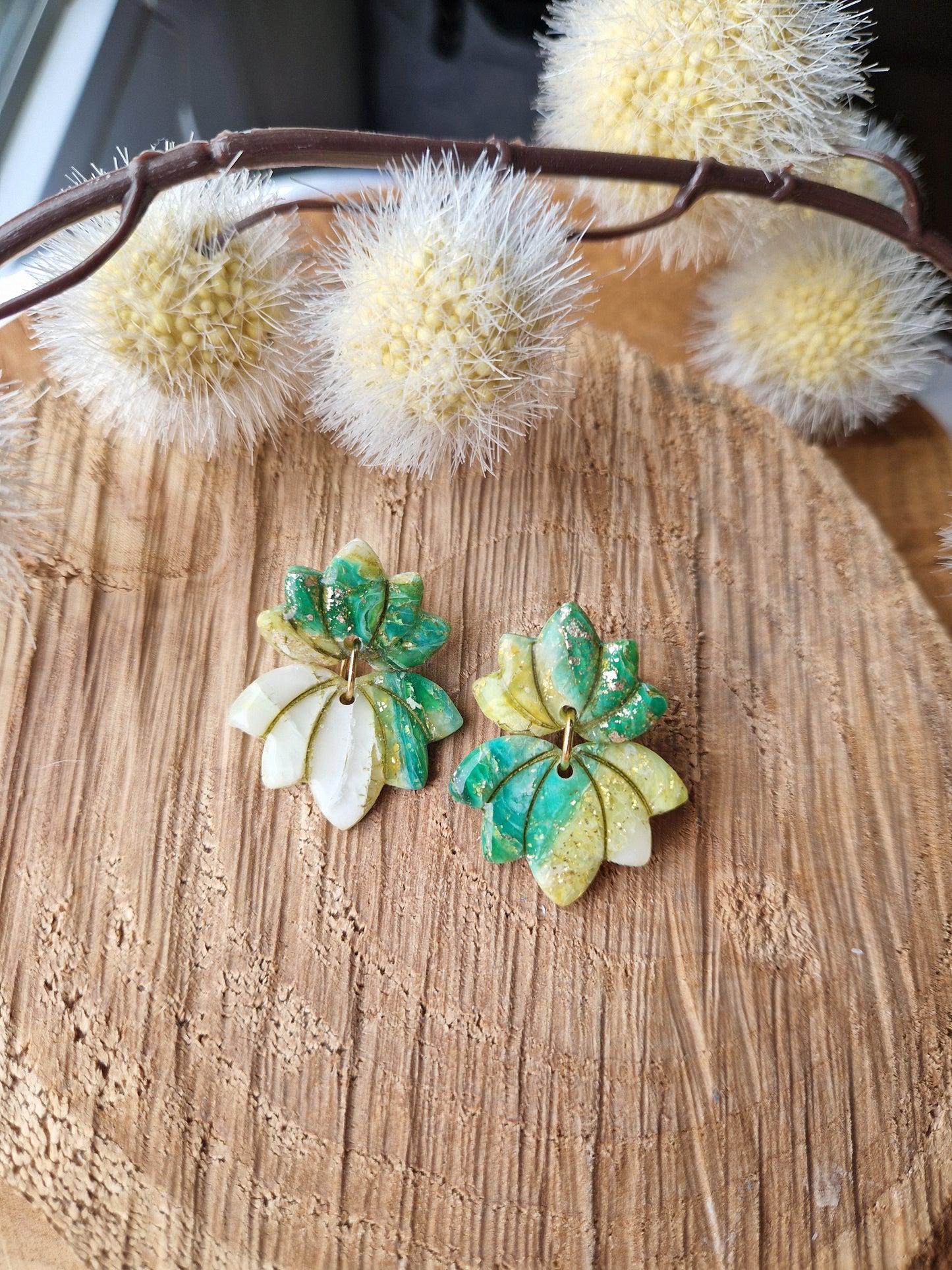 Boucles "Fleur de Lotus 🪷" Pierre d'agate verte.
