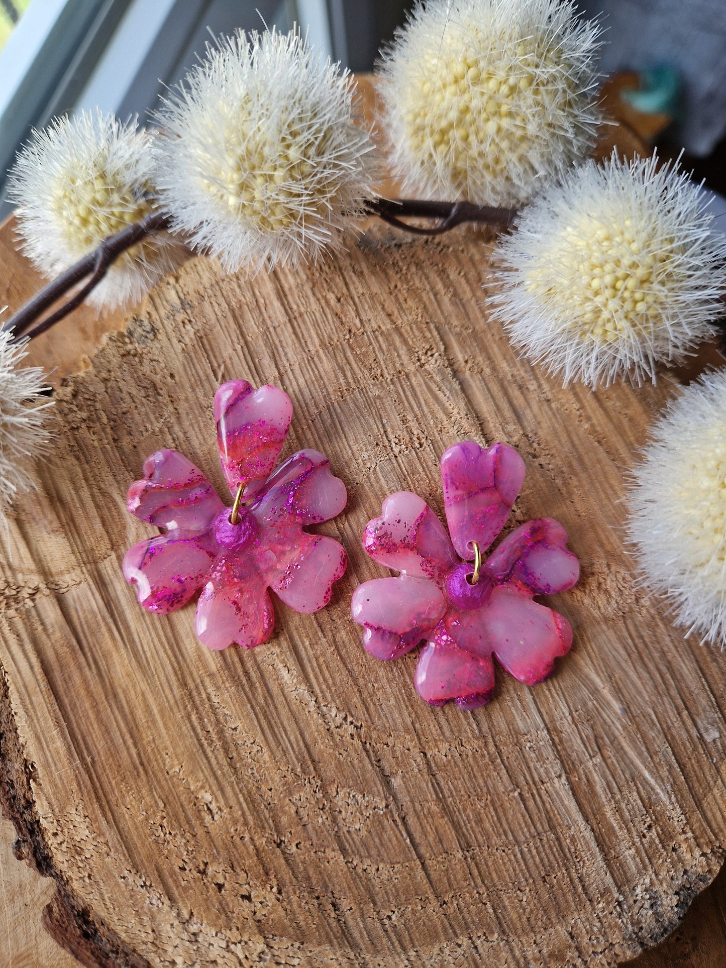 Boucles "Fleurs pétale " marbrées 🩷💜 (réservée à Claire).