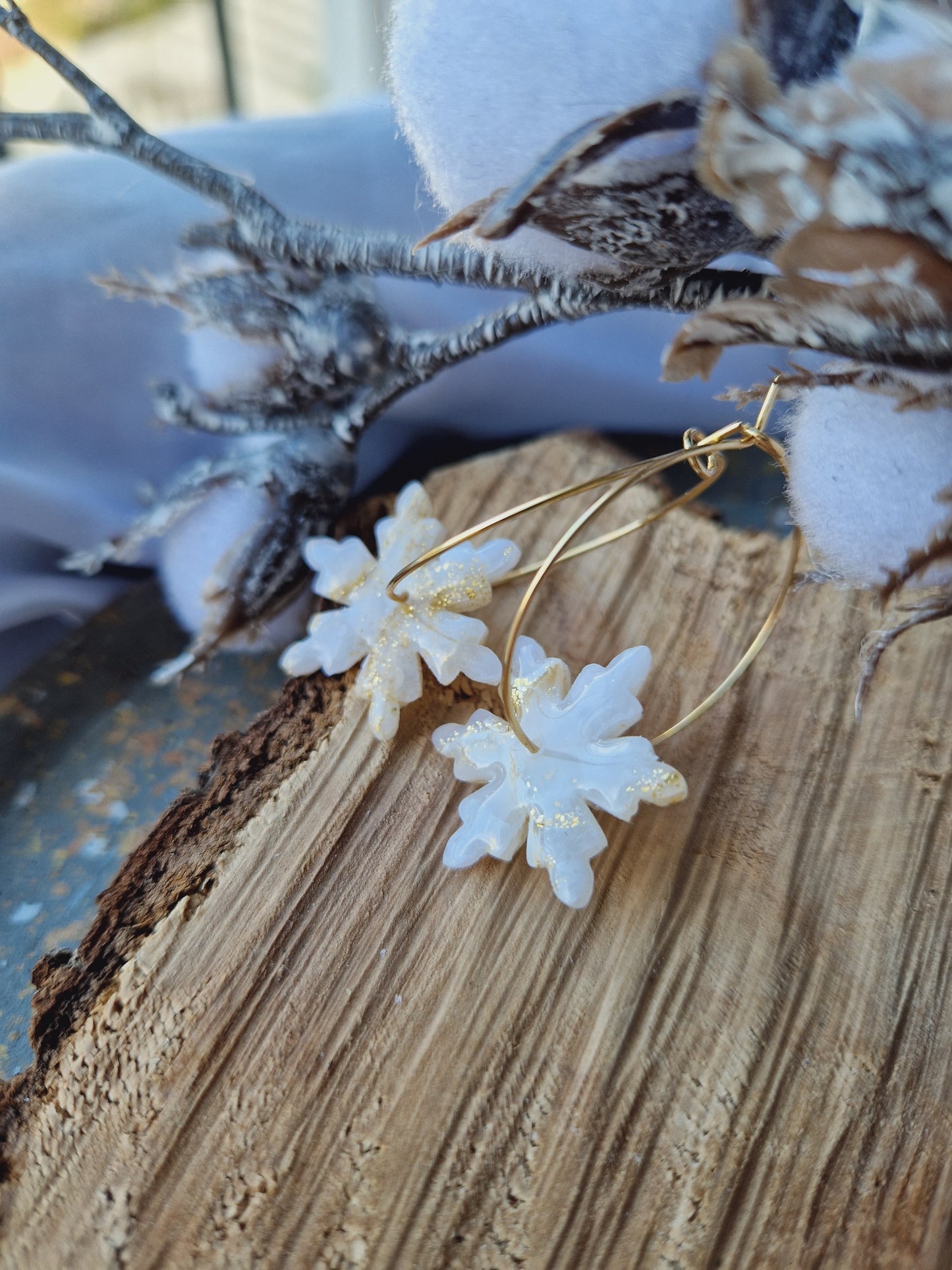 Boucles "Flocons ❄️" marbré or/blanc.